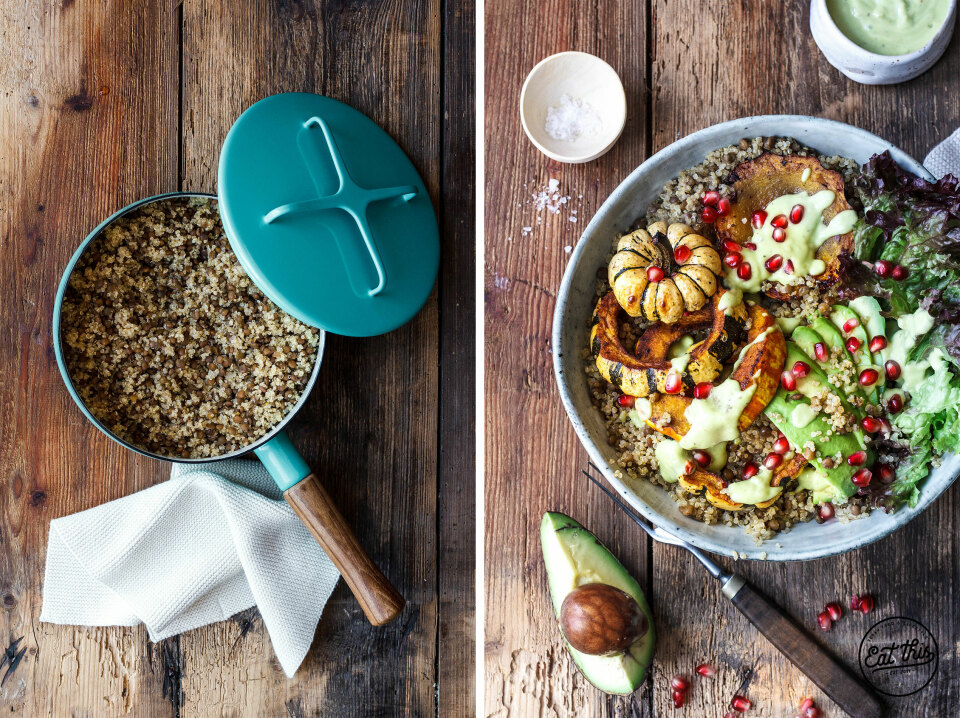 Good Life Kürbisbowl mit Linsenquinoa und Avocadodressing