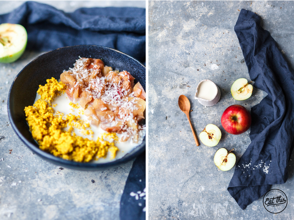 Goldene Milch-Hirseporridge mit schnellem Apfelkompott