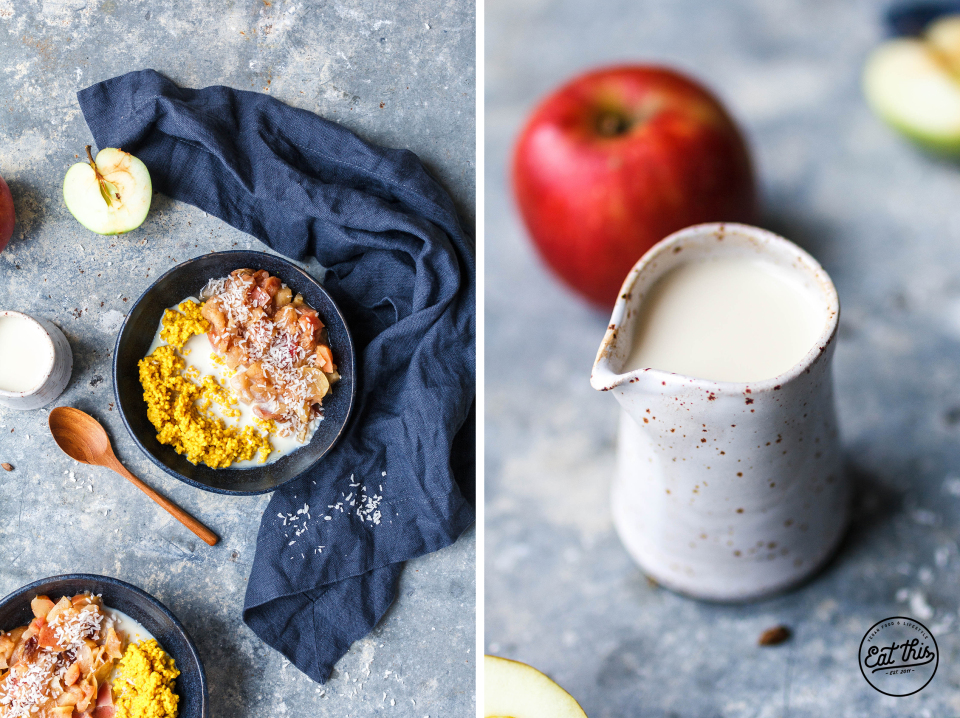 Goldene Milch-Hirseporridge mit schnellem Apfelkompott
