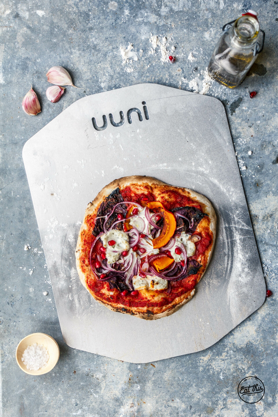 Kürbispizza mit Radicchio und Granatapfel