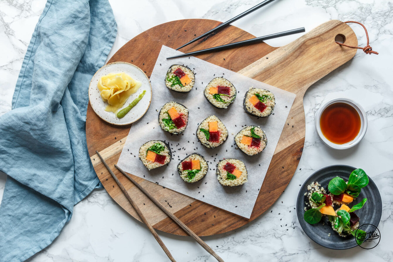 Süßkartoffel-Quinoa-Sushi mit Rote Bete und Feldsalat