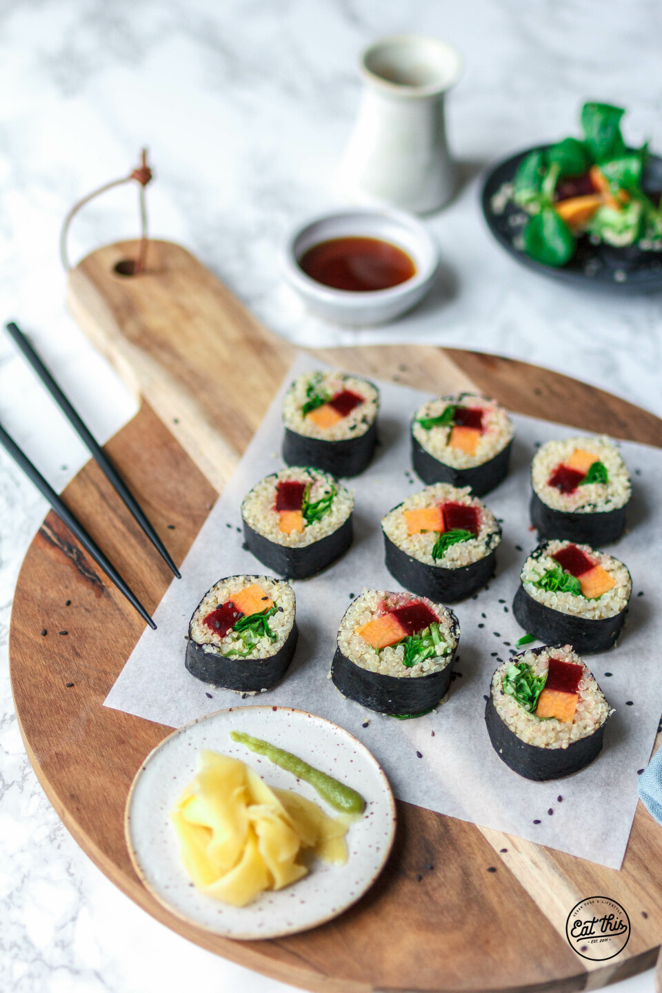 Süßkartoffel-Quinoa-Sushi mit Rote Bete und Feldsalat