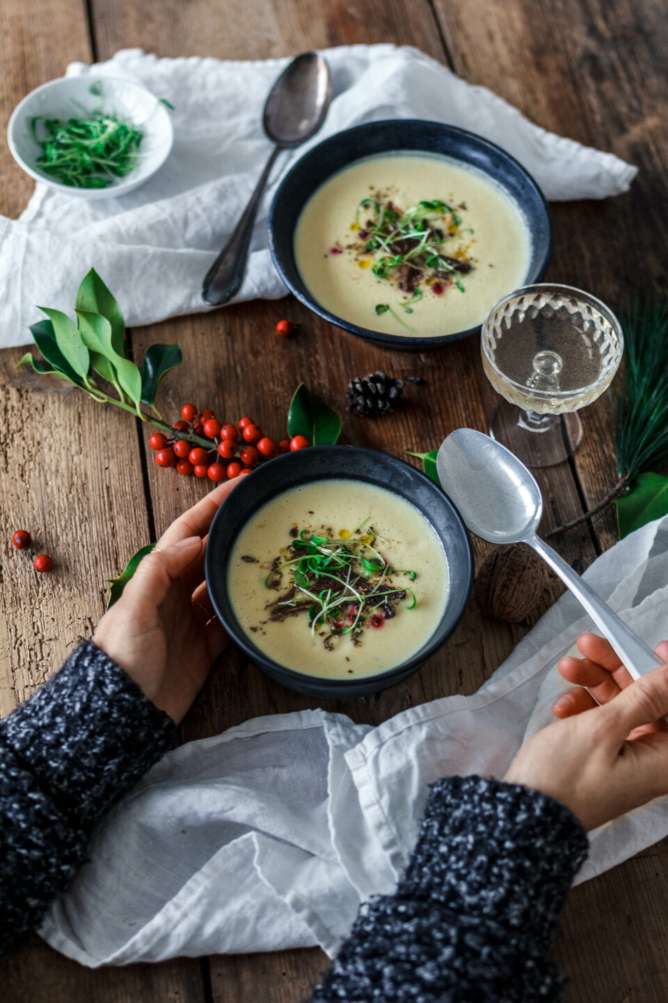 Schwarzwurzelsuppe mit gerösteten Austernpilzen & Kresse • Weihnachtsmenü 2016