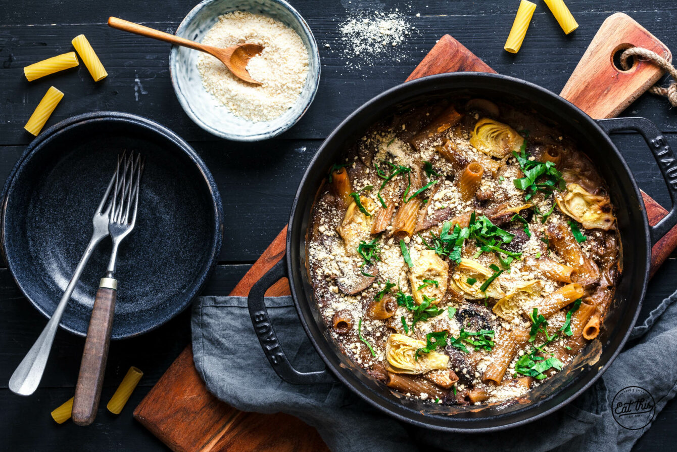 Pastaauflauf mit Pilzen & Artischocken
