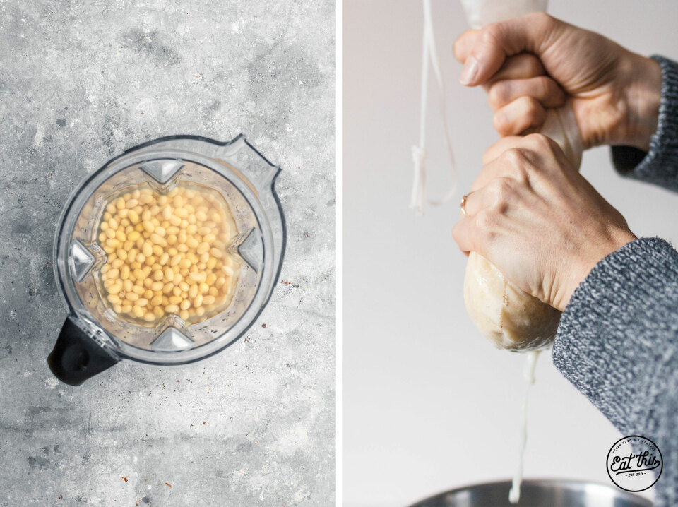 Tofu selber machen - Sojabohnen durch Nussmilchbeutel sieben