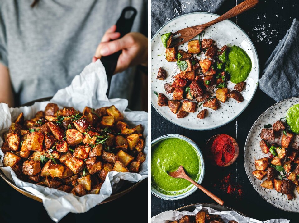 Super-knusprige, gebackene Patatas Bravas mit Mojo Verde