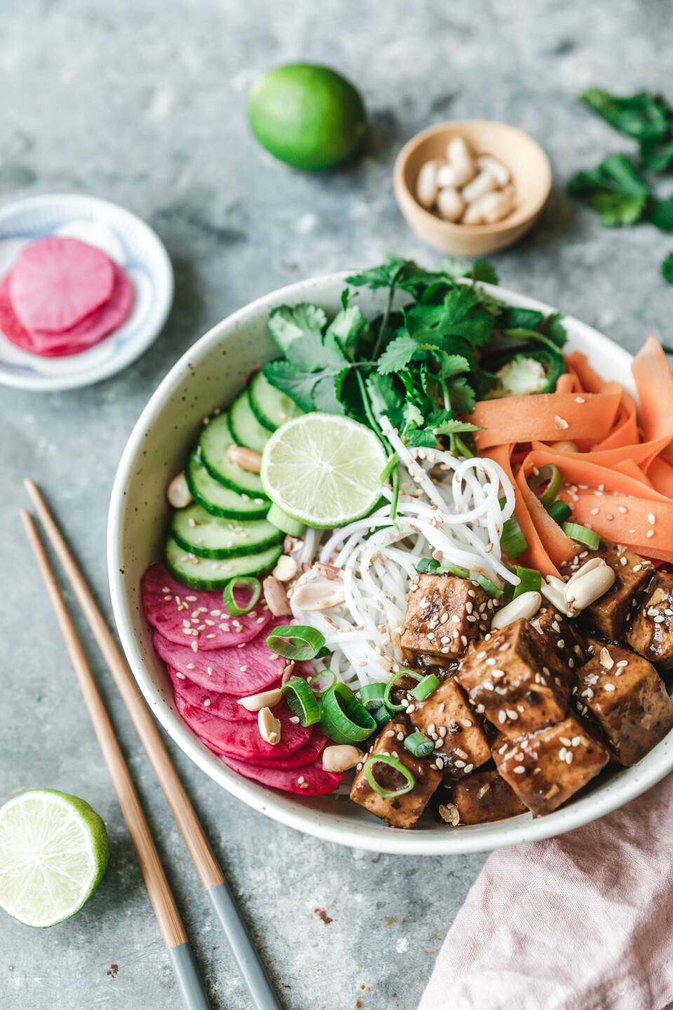 Reisnudel-Bowl mit krossem Tofu und Pflaumensauce