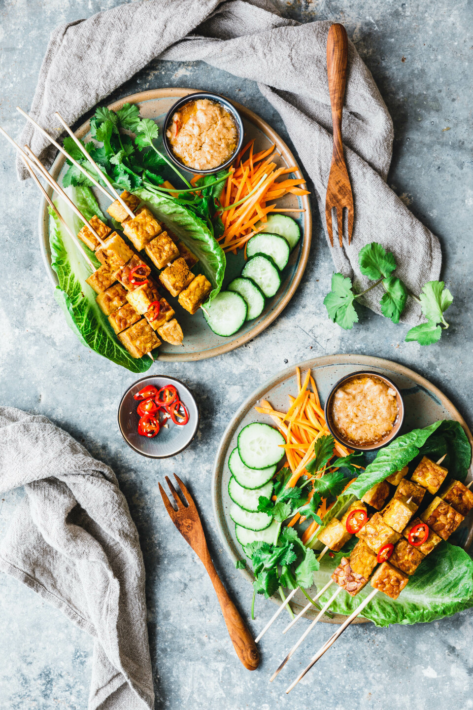 Tempeh-Saté mit Erdnuss-Dip