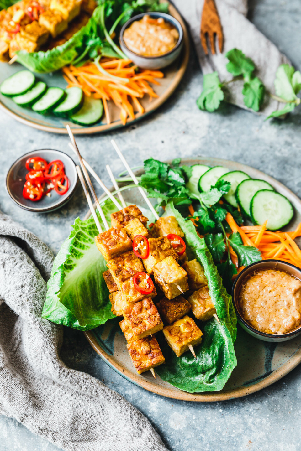 Tempeh-Saté mit Erdnuss-Dip