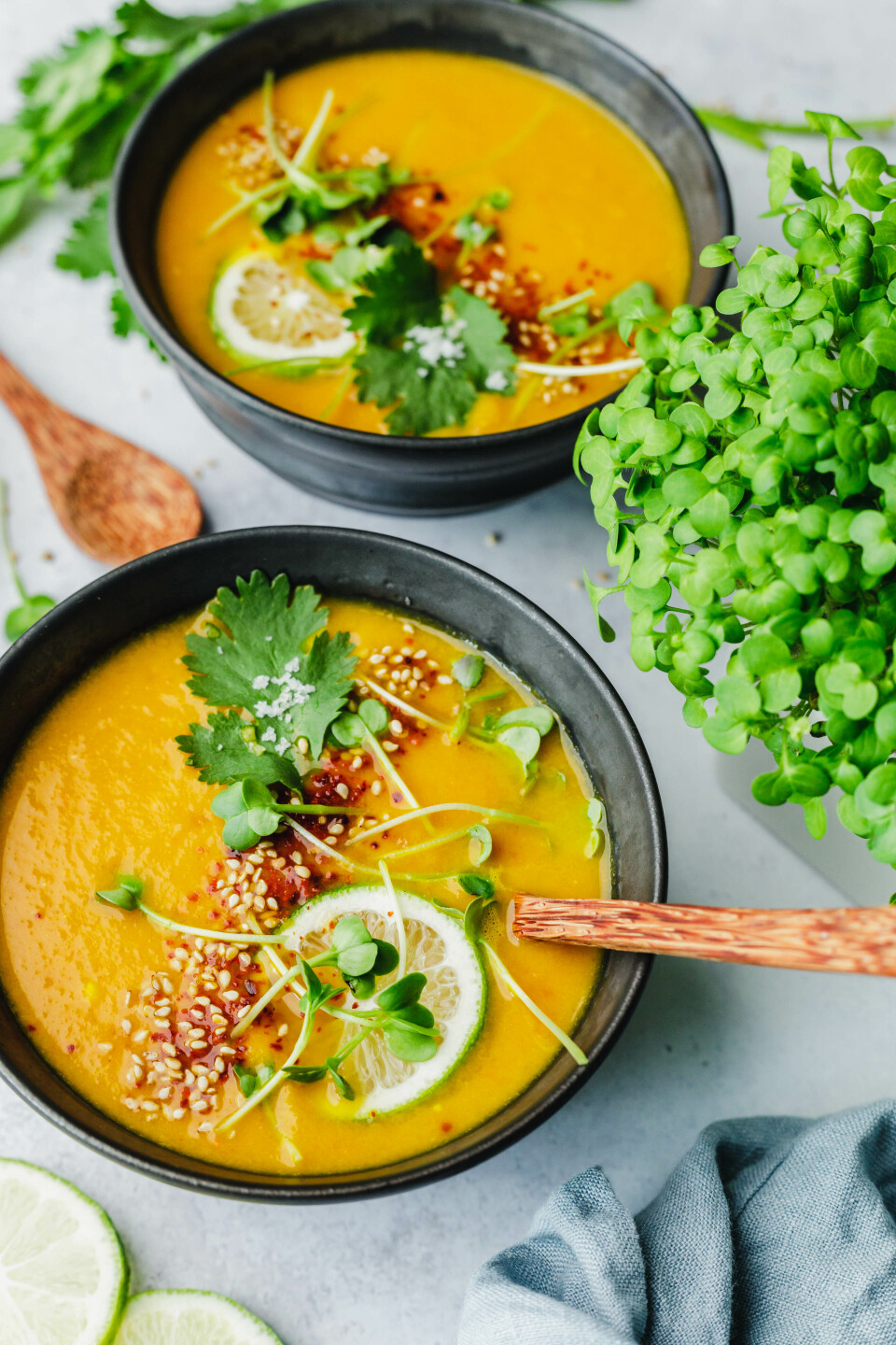 Thai-Karotten-Kokos-Kürbissuppe mit Microgreens